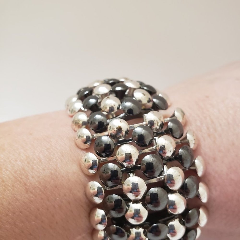 Bangle Bracelet Silver Gray Metal Stretchy Wide Chunky Modern Biker Glam Rocker